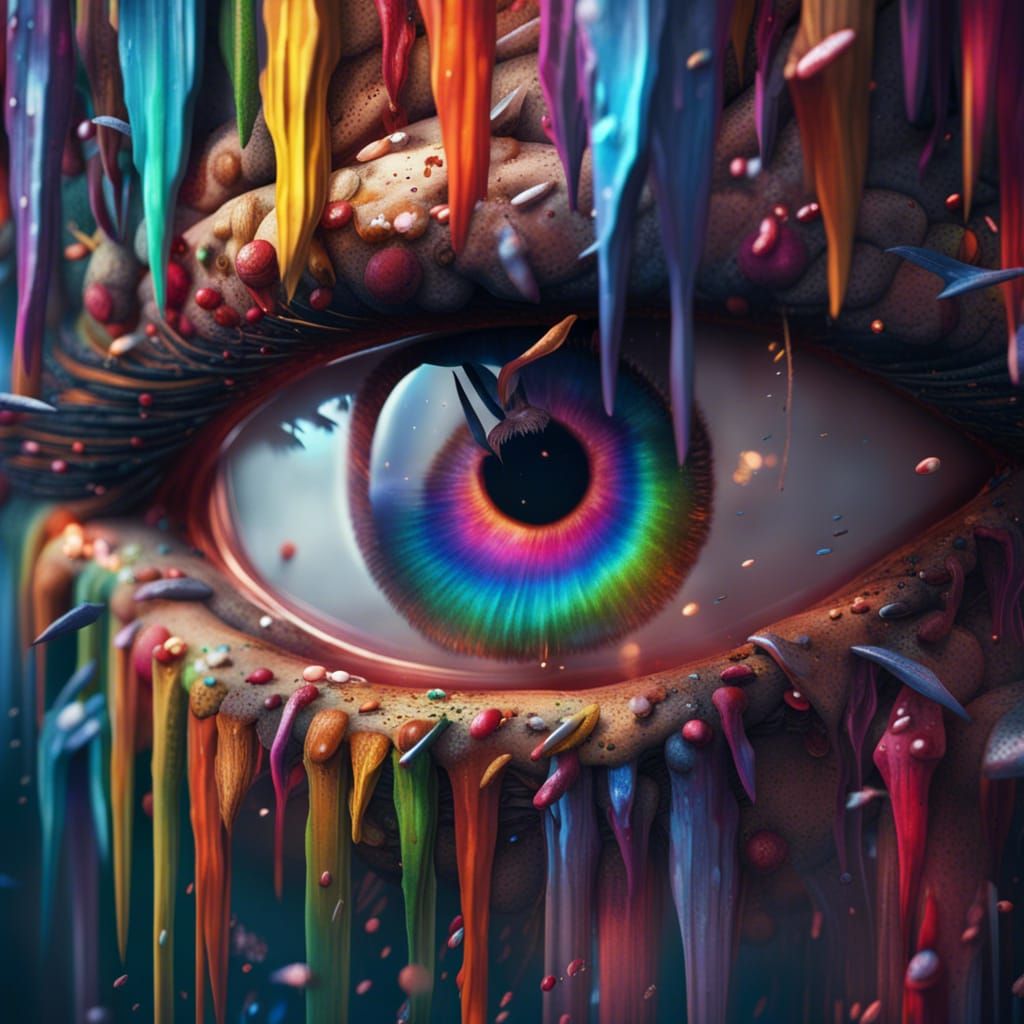 Eye Crying Rainbow Tears with Knives: Fantasy Art