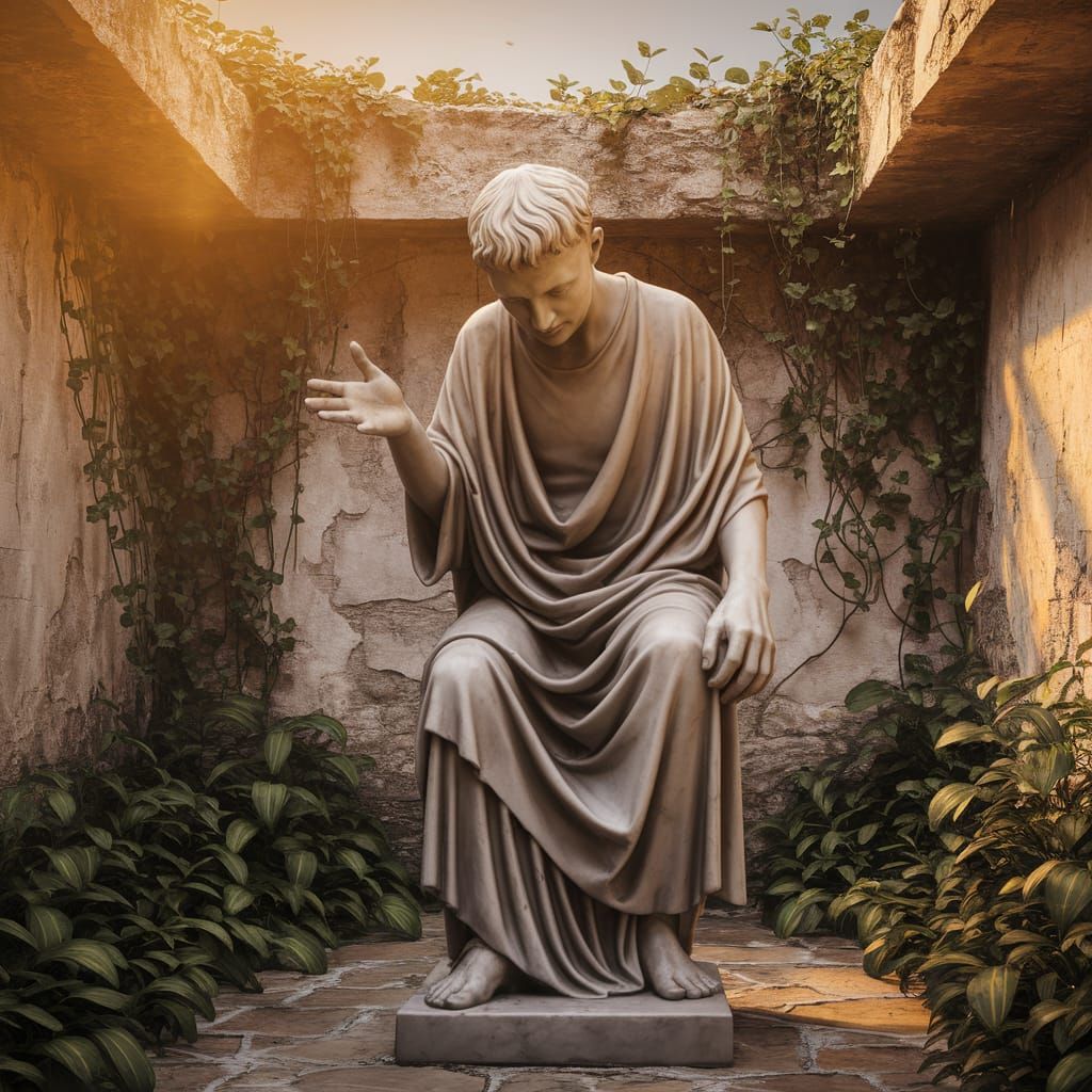 Marble Statue of a Beggar in an Ancient Chamber