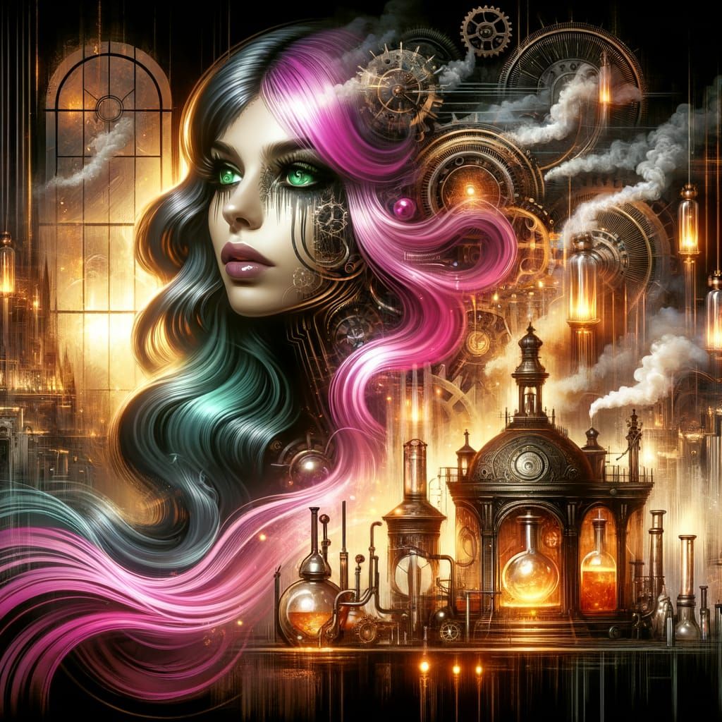 Gothic Artificer in Steampunk Workshop with Art Nouveau Elem...