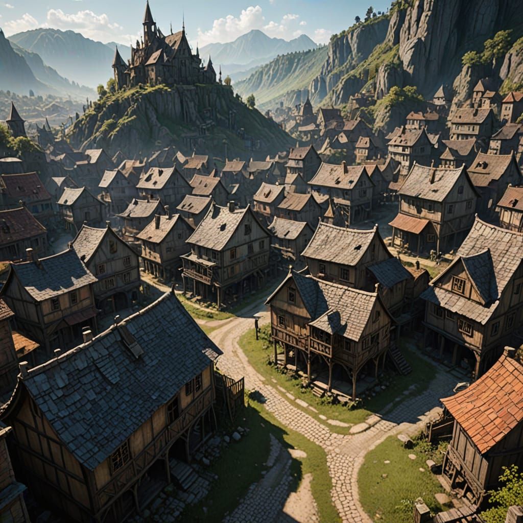 Ethereal Fantasy Village in Twilight Shadows