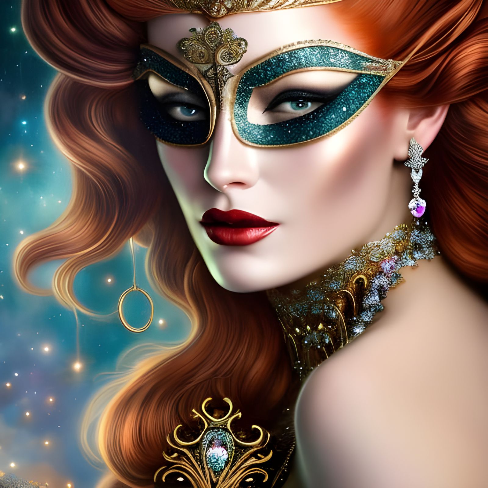 Redhead in Rococo Masquerade Gown, Detailed Close-Up