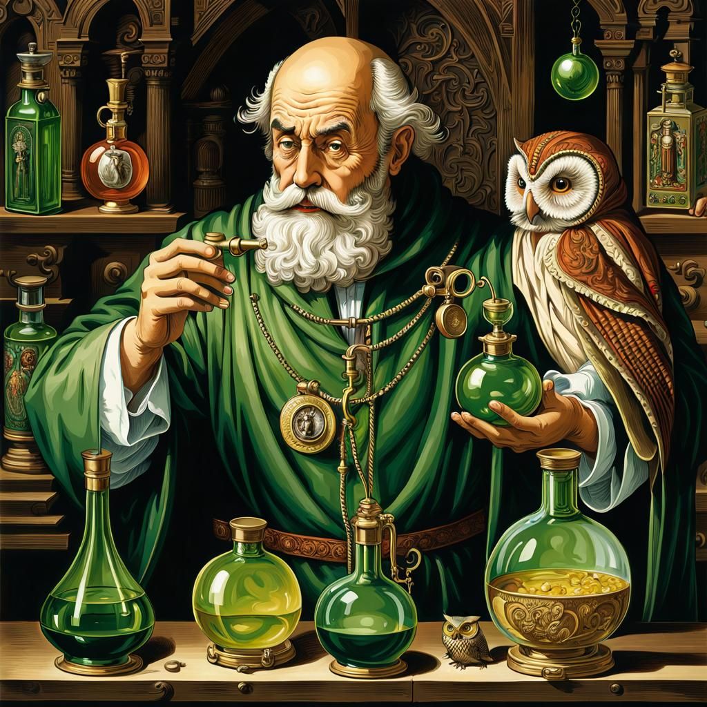 Medieval Alchemist with Owl Familiar in Lithograph Style