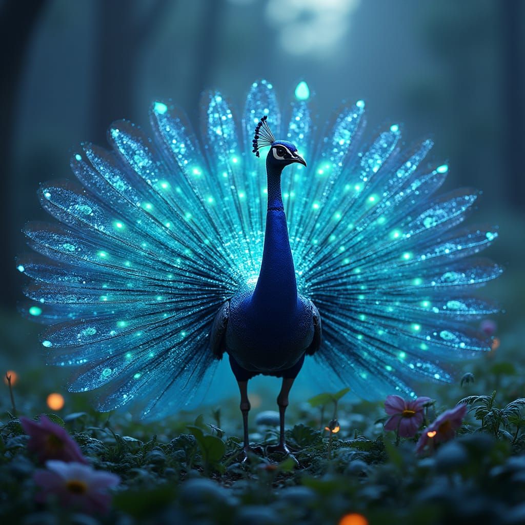 Cybernetic Peacock with Iridescent Feathers in Digital Art