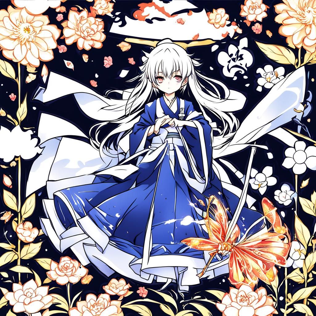 Shikigami on a Flower in Anime Style