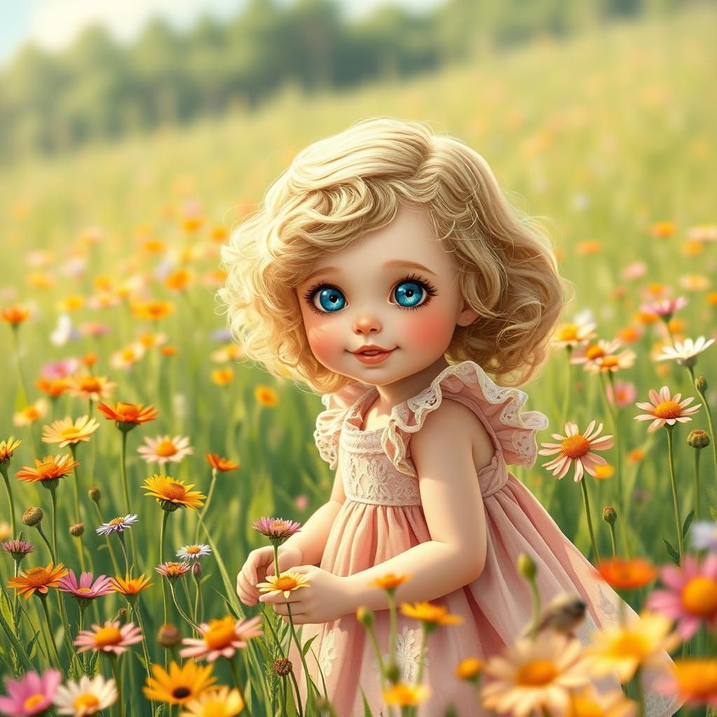 Girl in Meadow: Digital Art Nouveau Illustration
