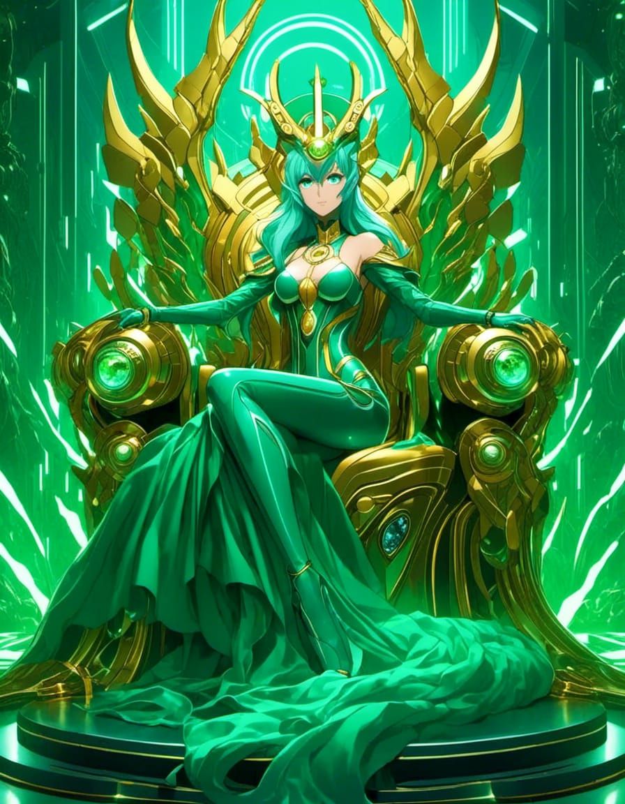 Anime dragon queen sitting on a throne of green gas. Emerald, gold with aquamarine <lora:Gridimation:1.0>