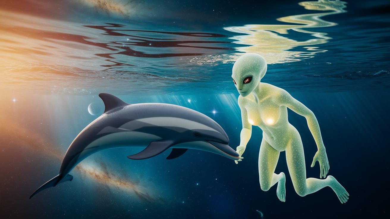 Alien and Dolphin Swim Under Cosmic Ocean
