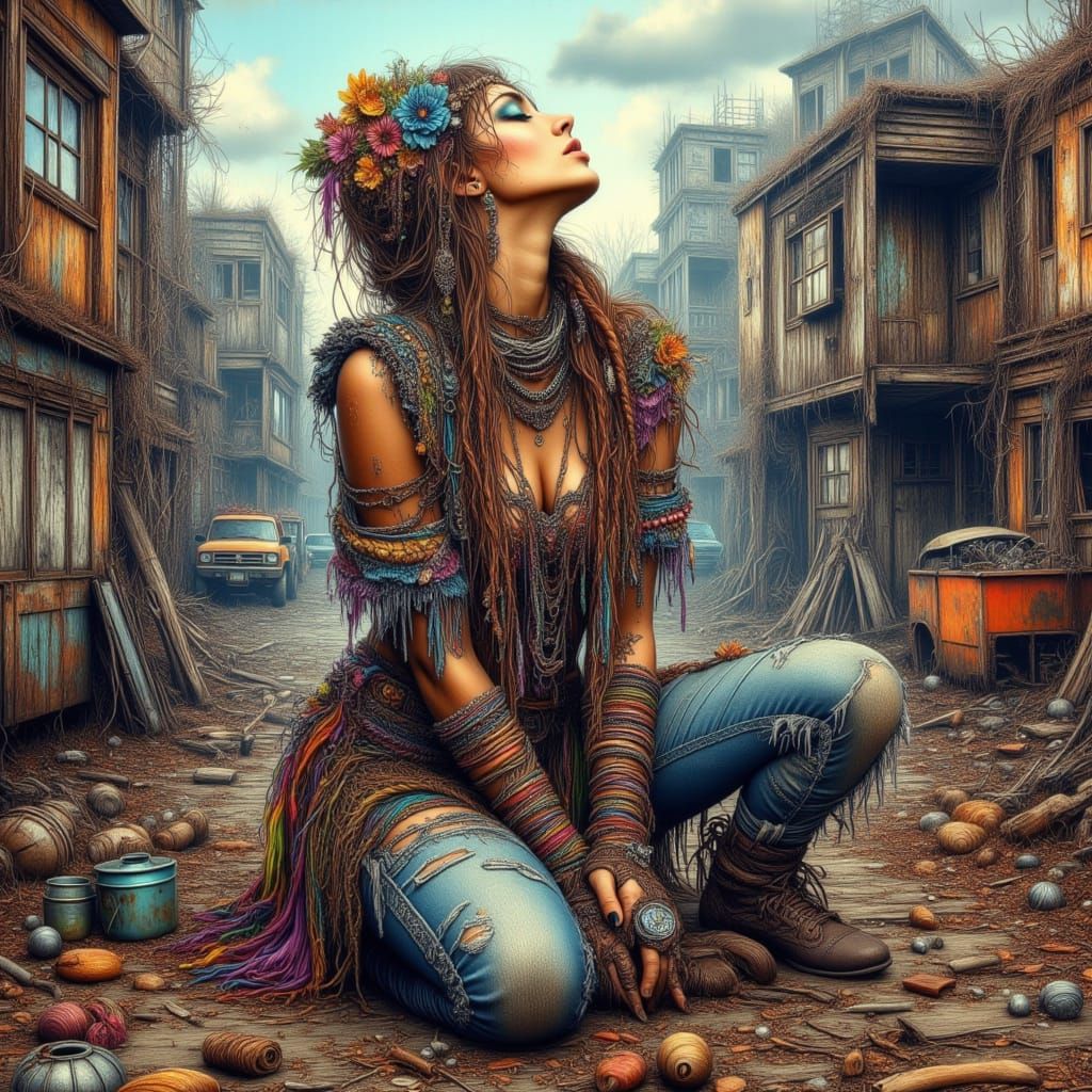 Melancholic Bohemian Woman in Post-Apocalyptic Landscape