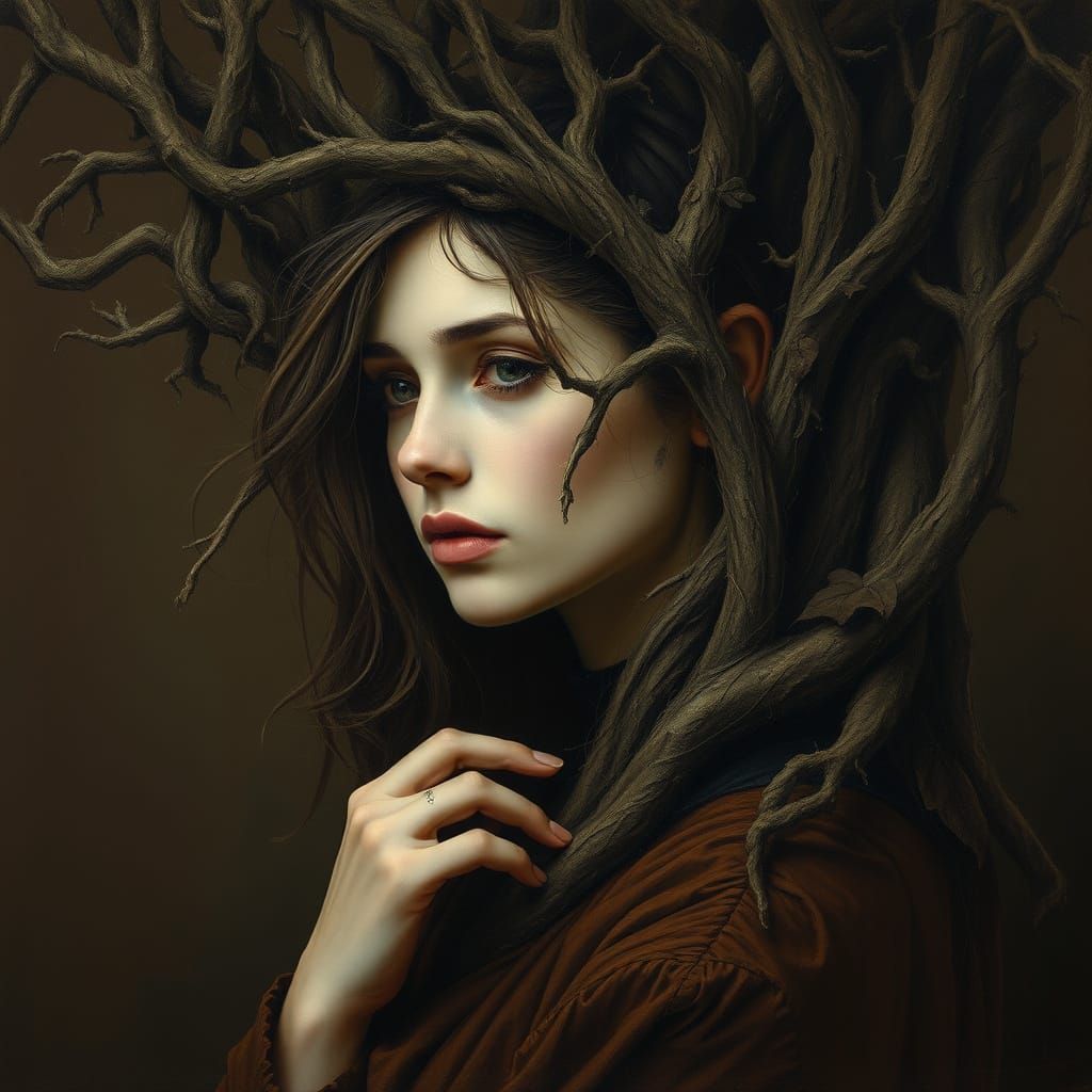 Enigmatic Woman Lost in Mystical Forest