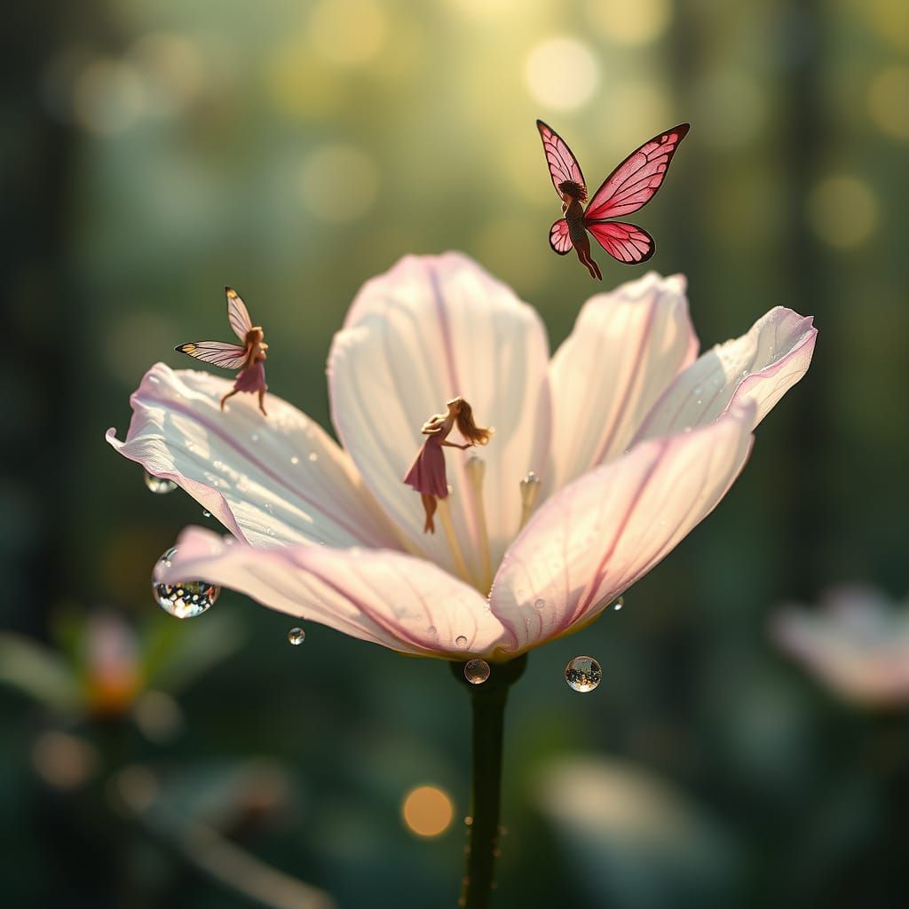 Mystical Flower with Dancing Fairies, Ethereal Illustration