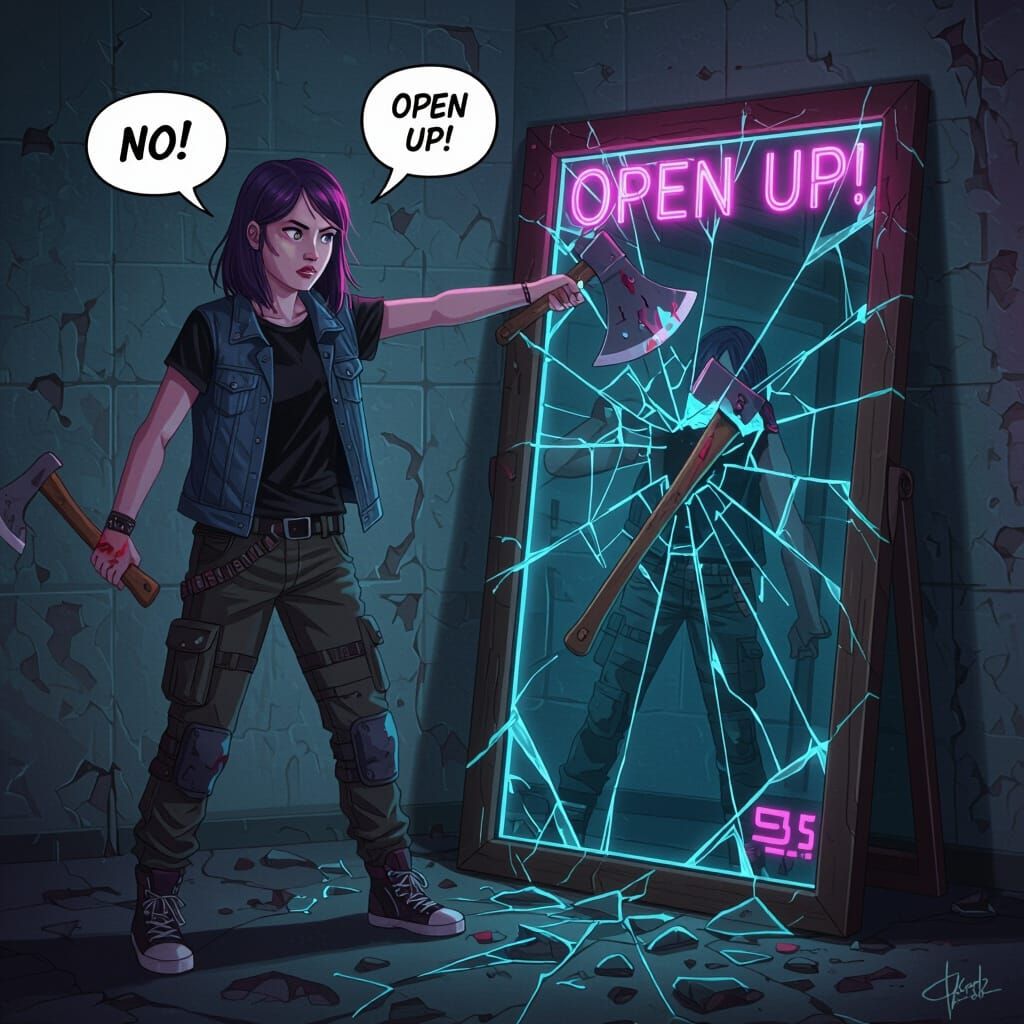 Teenage Girl and Cracked Mirror in Dystopian Realism