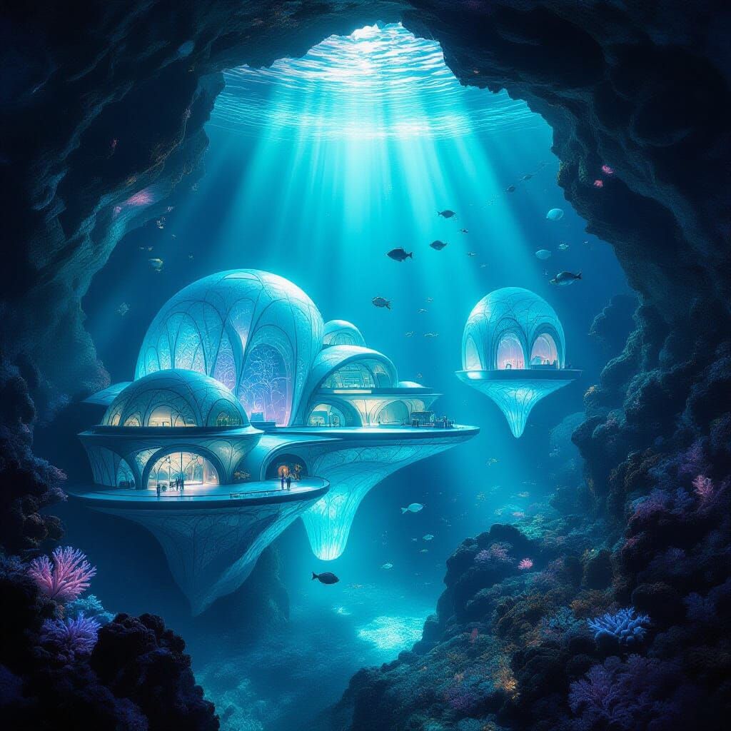 Bioluminescent Underwater City in Giant Geode