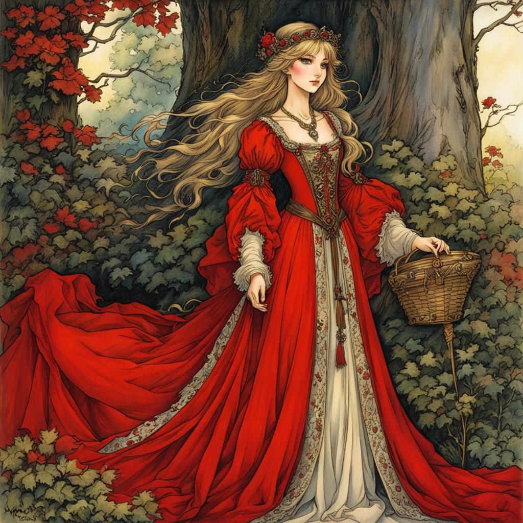 Scarlet Medieval Maiden in Anime Arthur Rackham Style