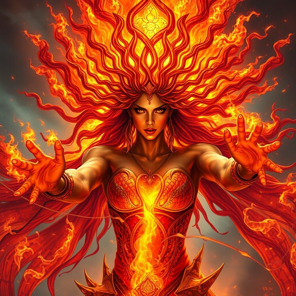 Firy Goddess Queen Summons Rage in Digital Painting