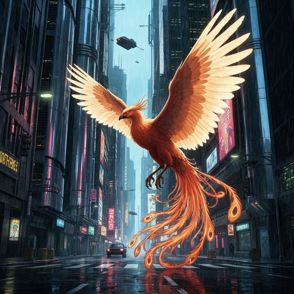 Cyberpunk Phoenix Soaring Over Dystopian Cityscape