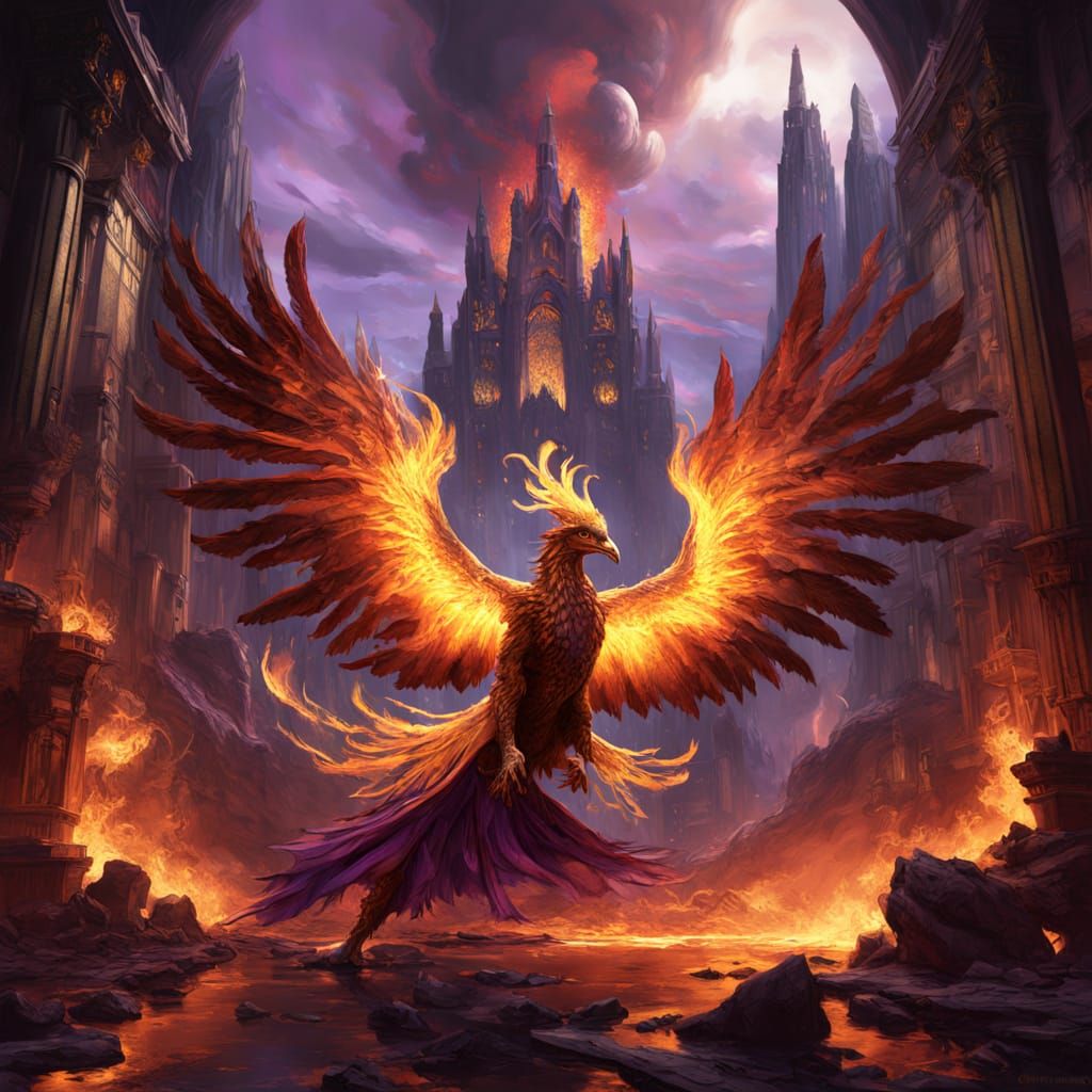 Phoenix Rising from Volcanic Ash, Dark Fantasy Art