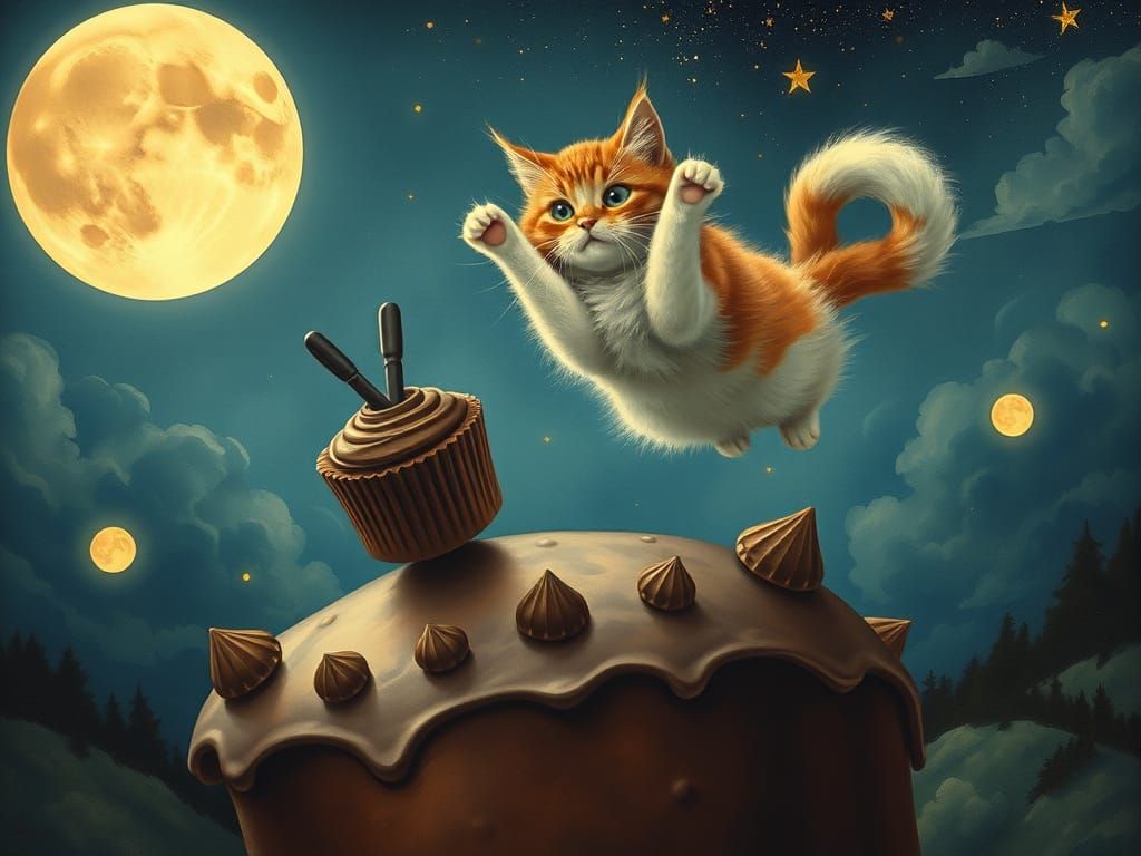 Whimsical Cat Leaps Amidst Celestial Splendor in a Dreamlike...