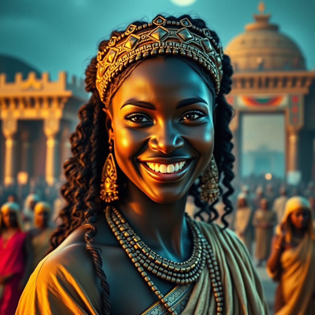 Babylonian Princess with Ishtar Gate, Photorealistic Image