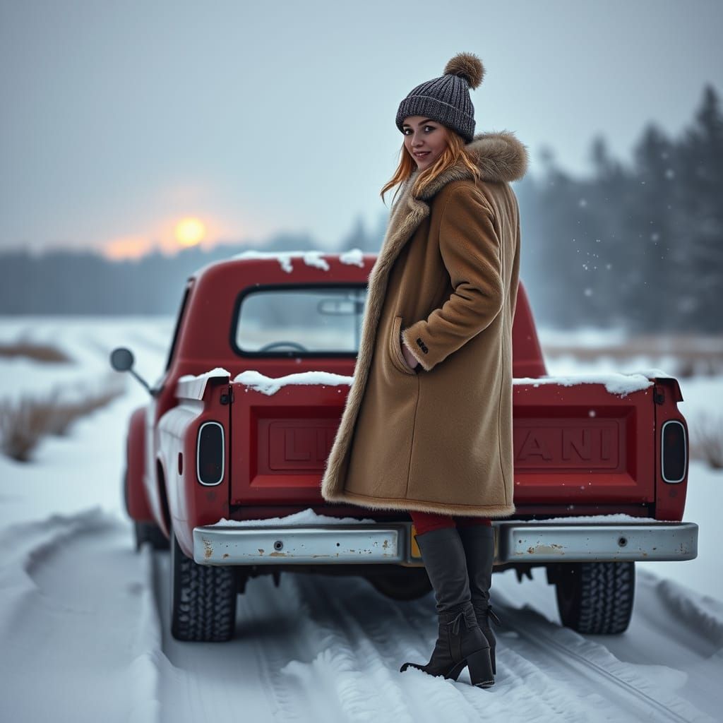Woman on Vintage Truck in Snowy Winter Landscape