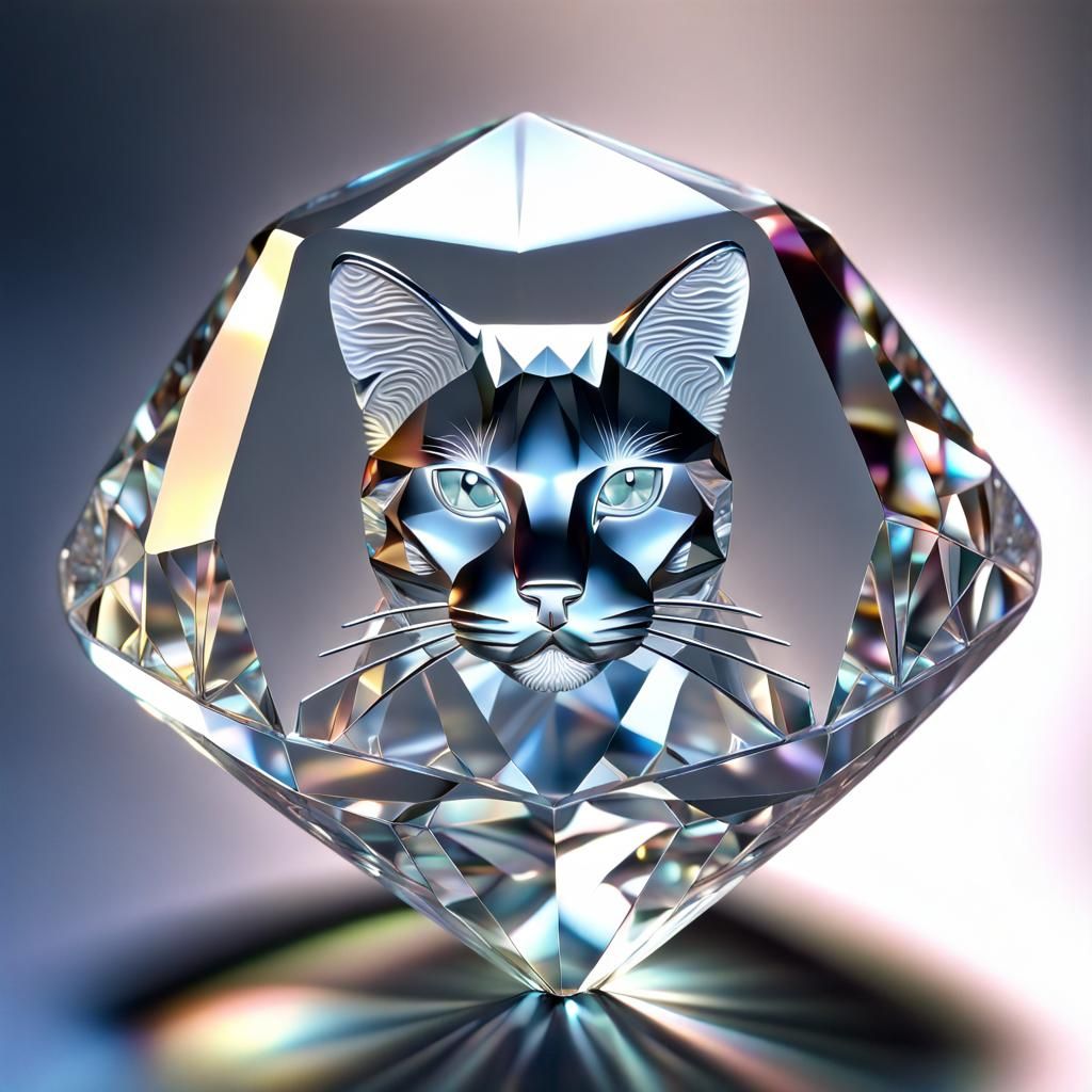 Diamond Cat Carving with Refraction in HDR