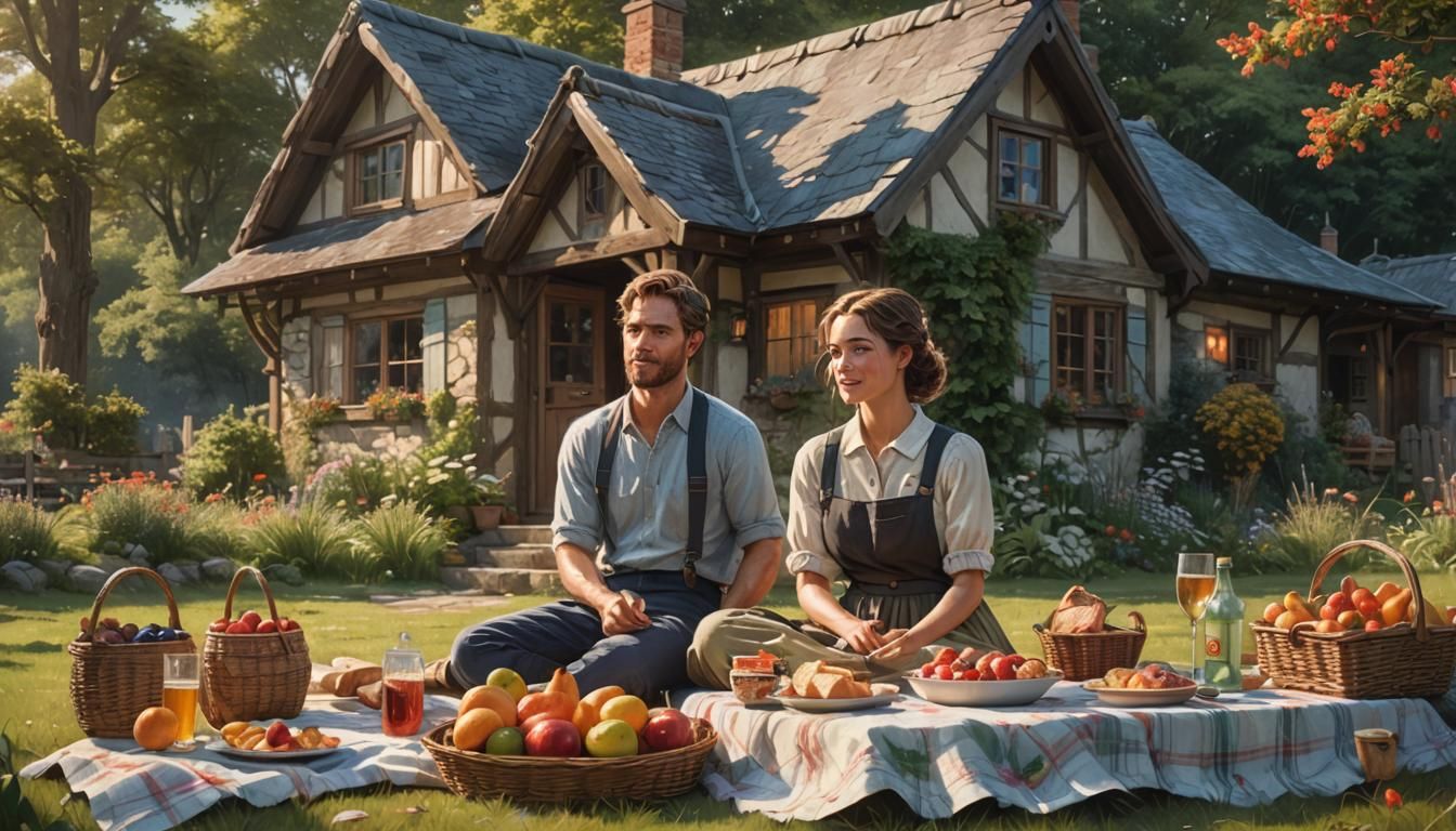 Hyperrealistic Cottage Picnic: Detailed Concept Art