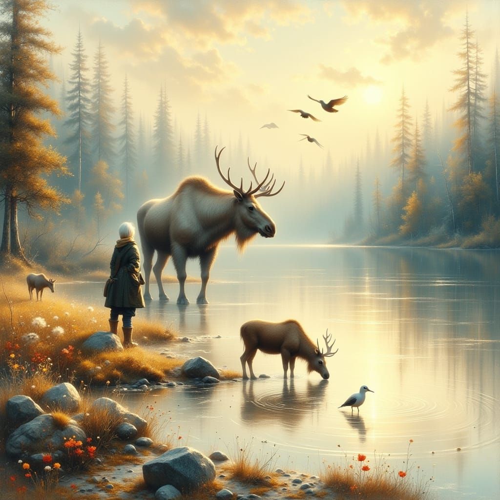 Moose and Calf at Dawn: Impressionistic Wildlife Art
