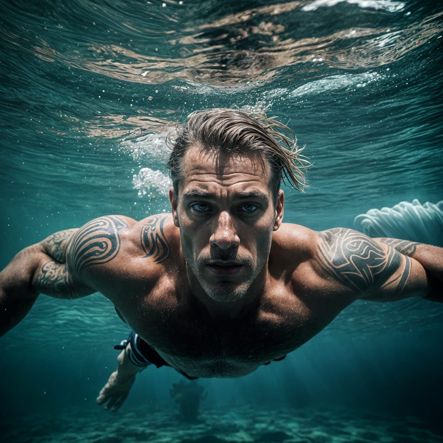 Underwater Dive of a Handsome Man: Cinematic Film Still