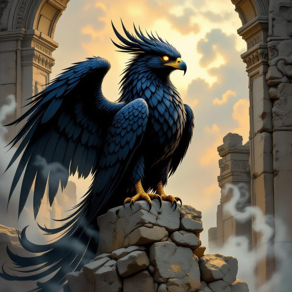 Majestic Obsidian Griffin on Ancient Ruins in Dark Fantasy S...
