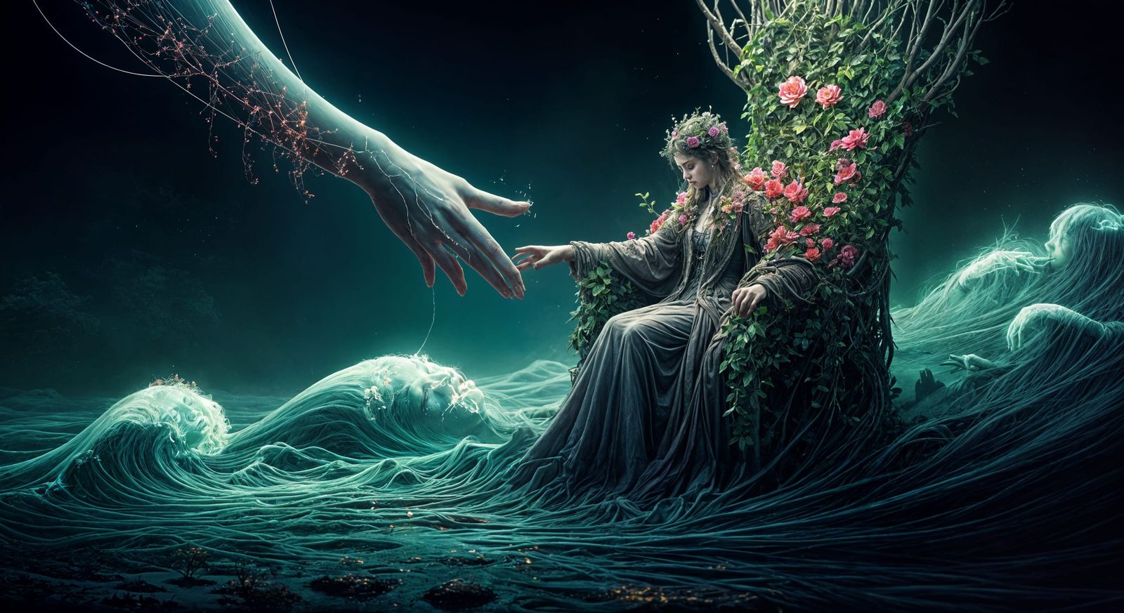 Ethereal Hands Reach for Throne in Dystopian World