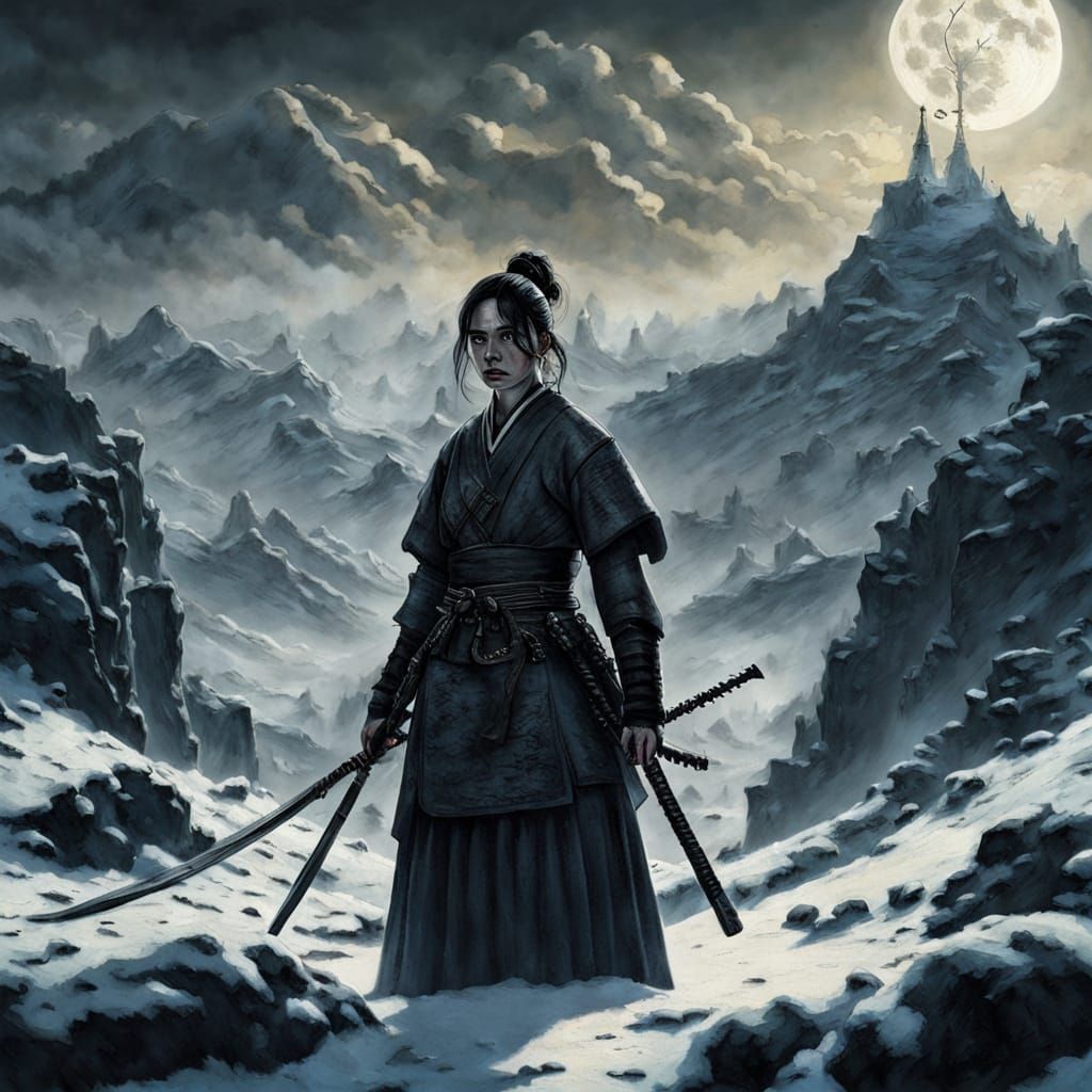 Female Samurai in Gothic Armor on Snowy Mountain