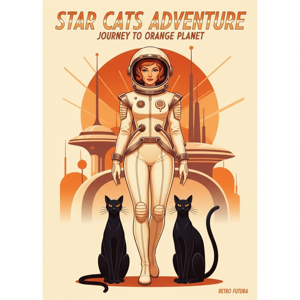 Retro-Futurist Astronaut with Cats in Utopian Space Age