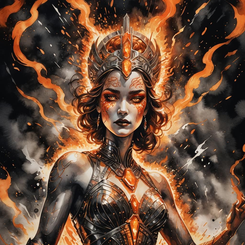 A dramatic Art deco Watercolor Portrait of a Smokey Goddess ...