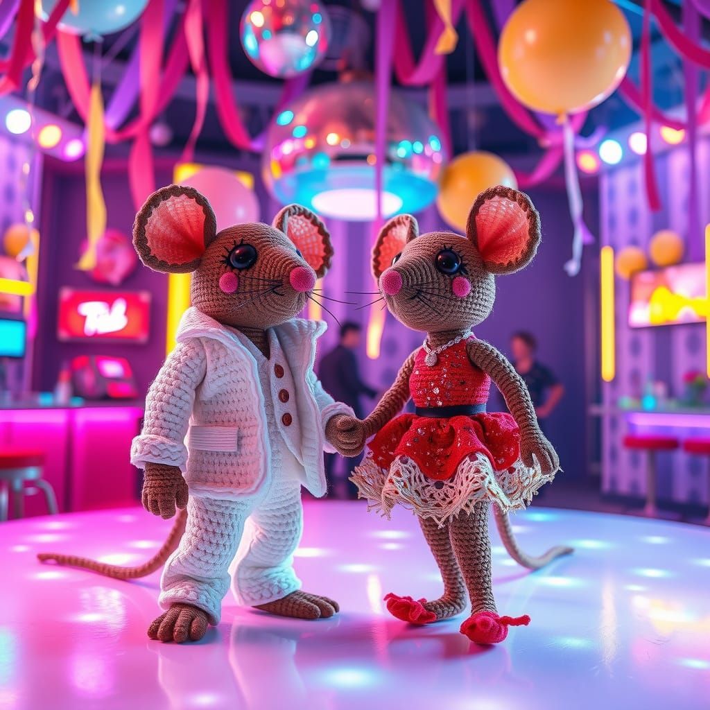 Retro-Futuristic Disco Scene with Crocheted Mice
