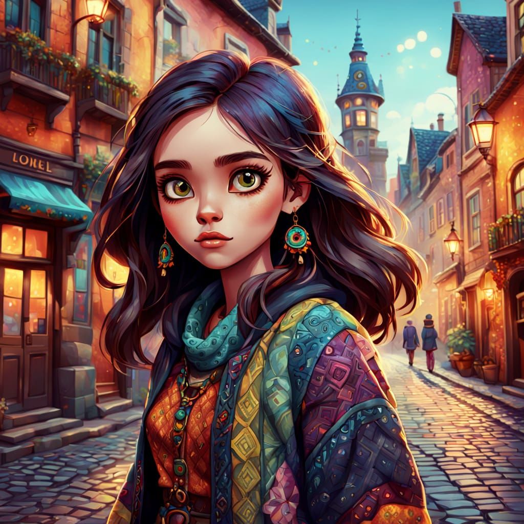 Woman on Cobblestone Street in Loish Style