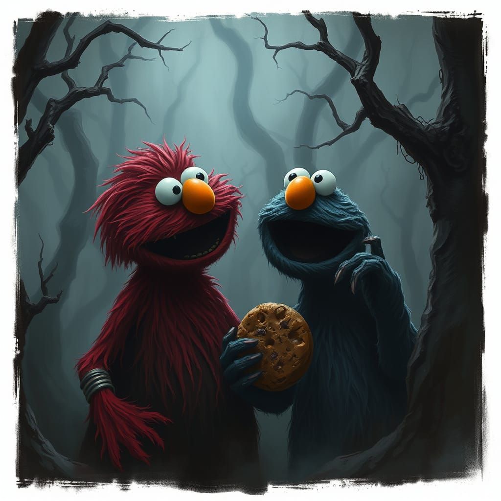 Horror Elmo and Cookie Monster in Dark Forest