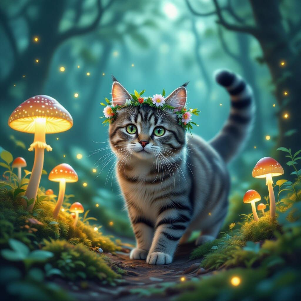 Tabby Cat in Bioluminescent Mushroom Forest, Art Nouveau Sty...