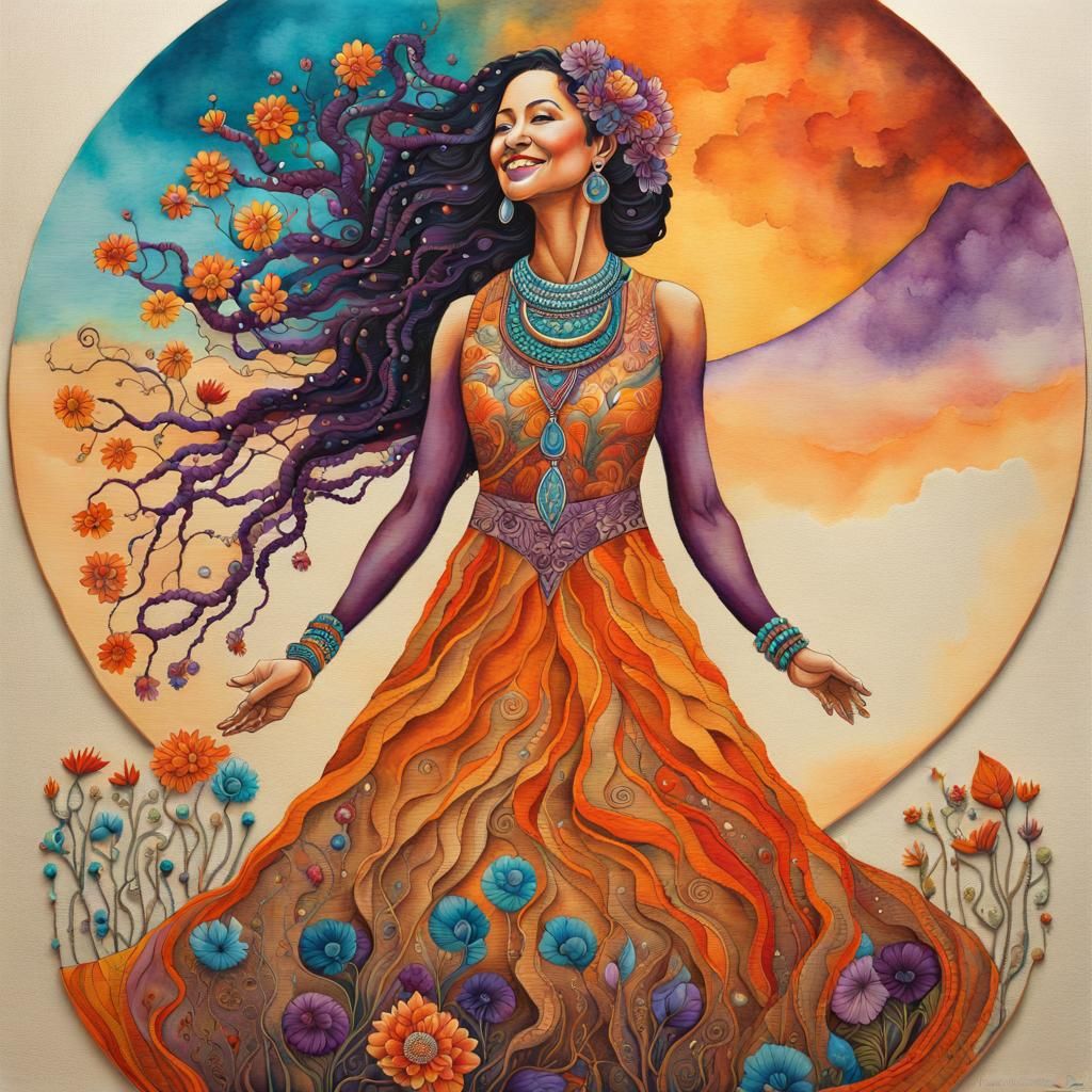 Woman in Floral Dress Reaching for Sky, Folkloric Art