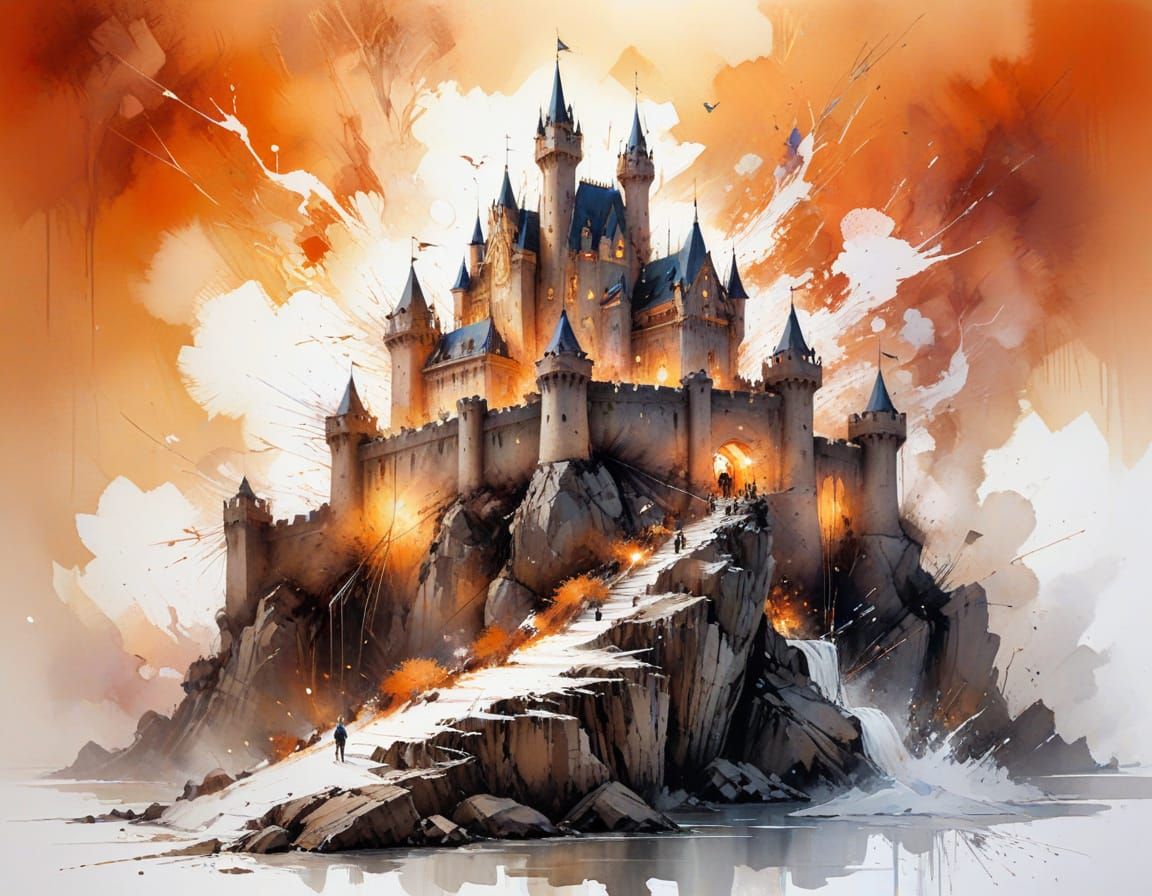 Fantasy Castle on Cliff at Sunset, Digital Art
