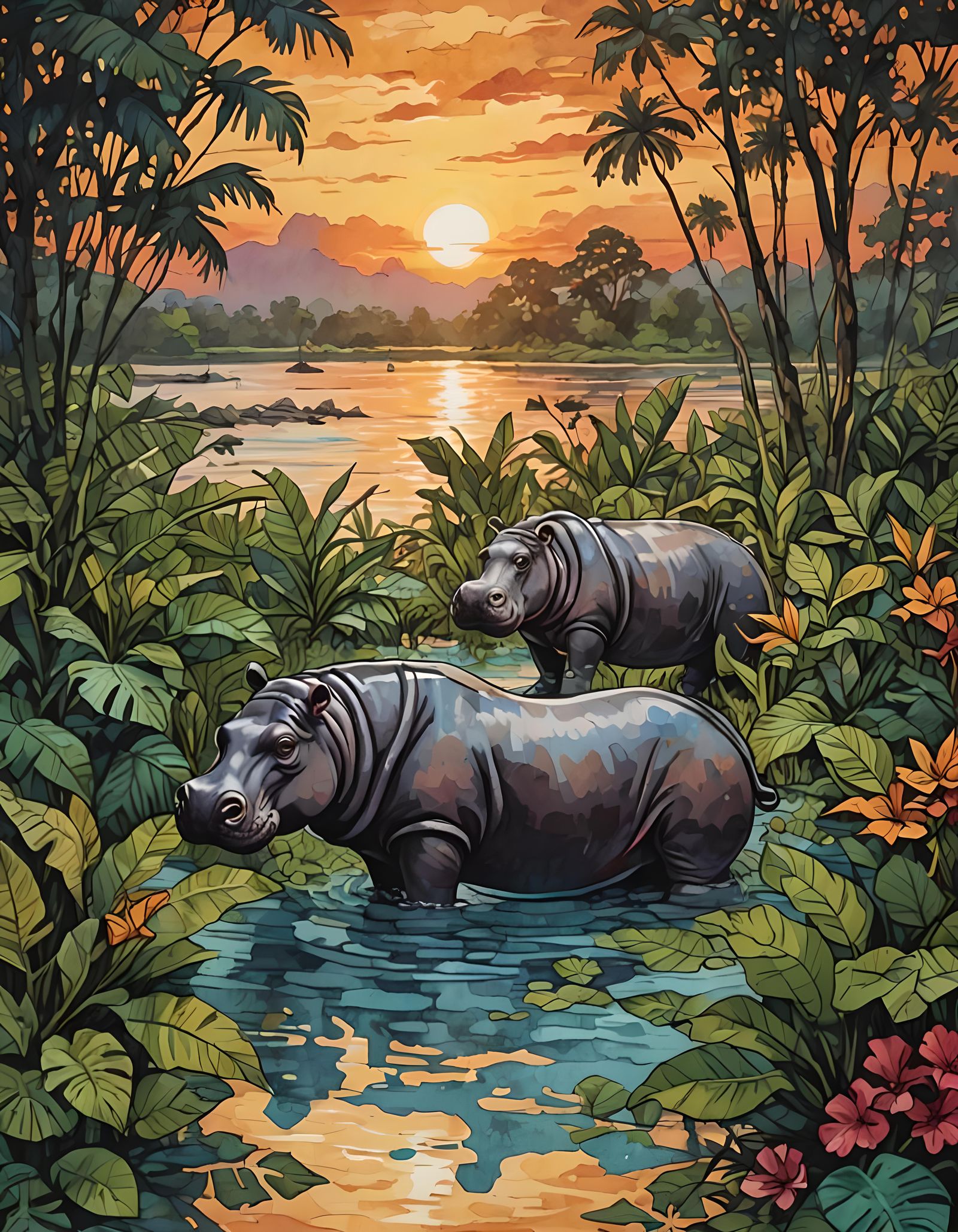 Hippopotamus in Batik Style Jungle Beach