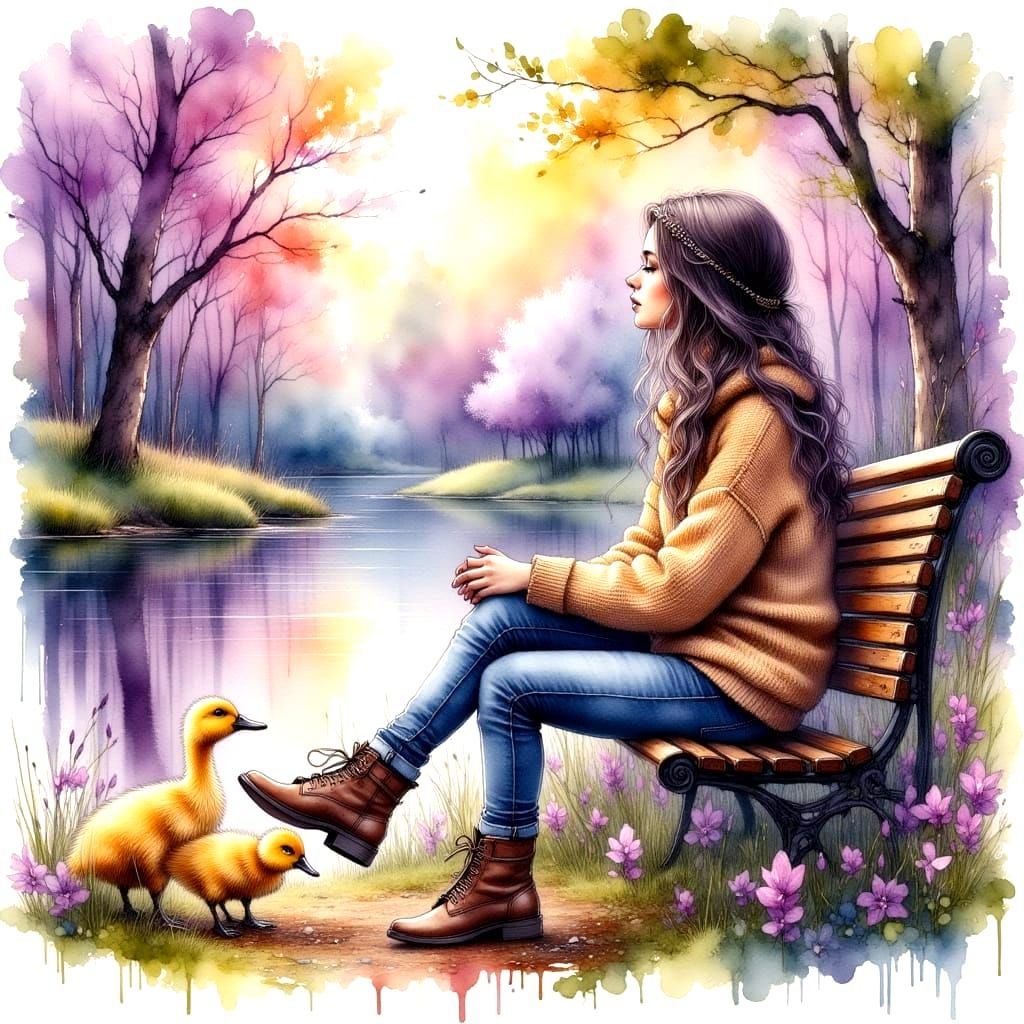 Girl on Bench with Ducklings in Watercolor Style