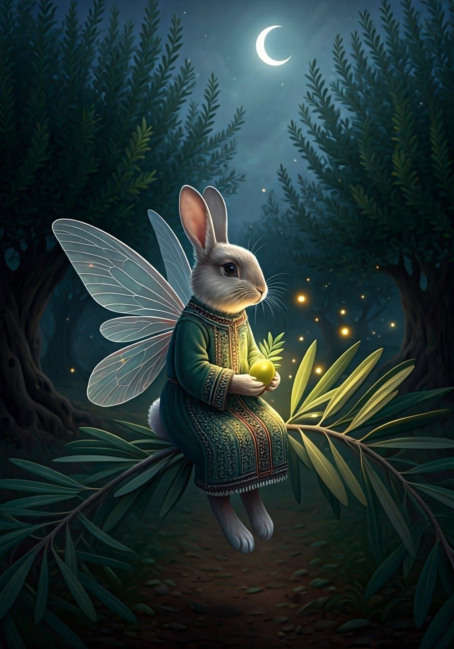 Rabbit Fairy in Olive Tree Grove Under Moonlight
