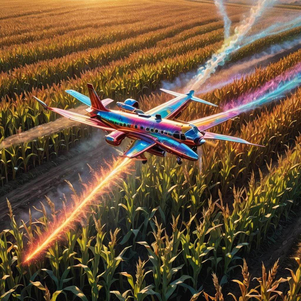 Red Spray Plane Over Cornfield in Astral Style