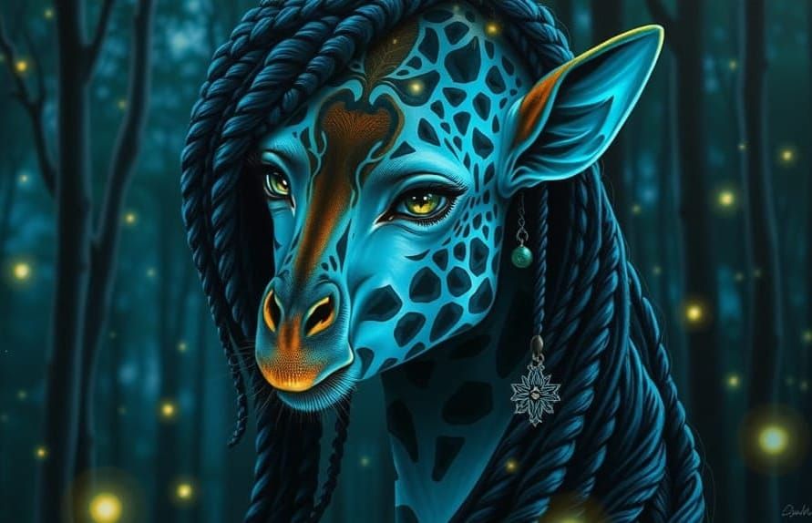 Bioluminescent Giraffe Elf Portrait in Forest