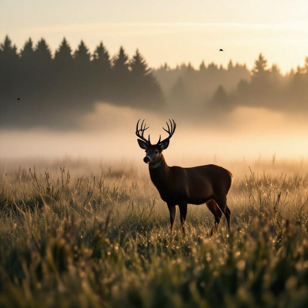 Majestic Deer in Misty Meadow at Dawn