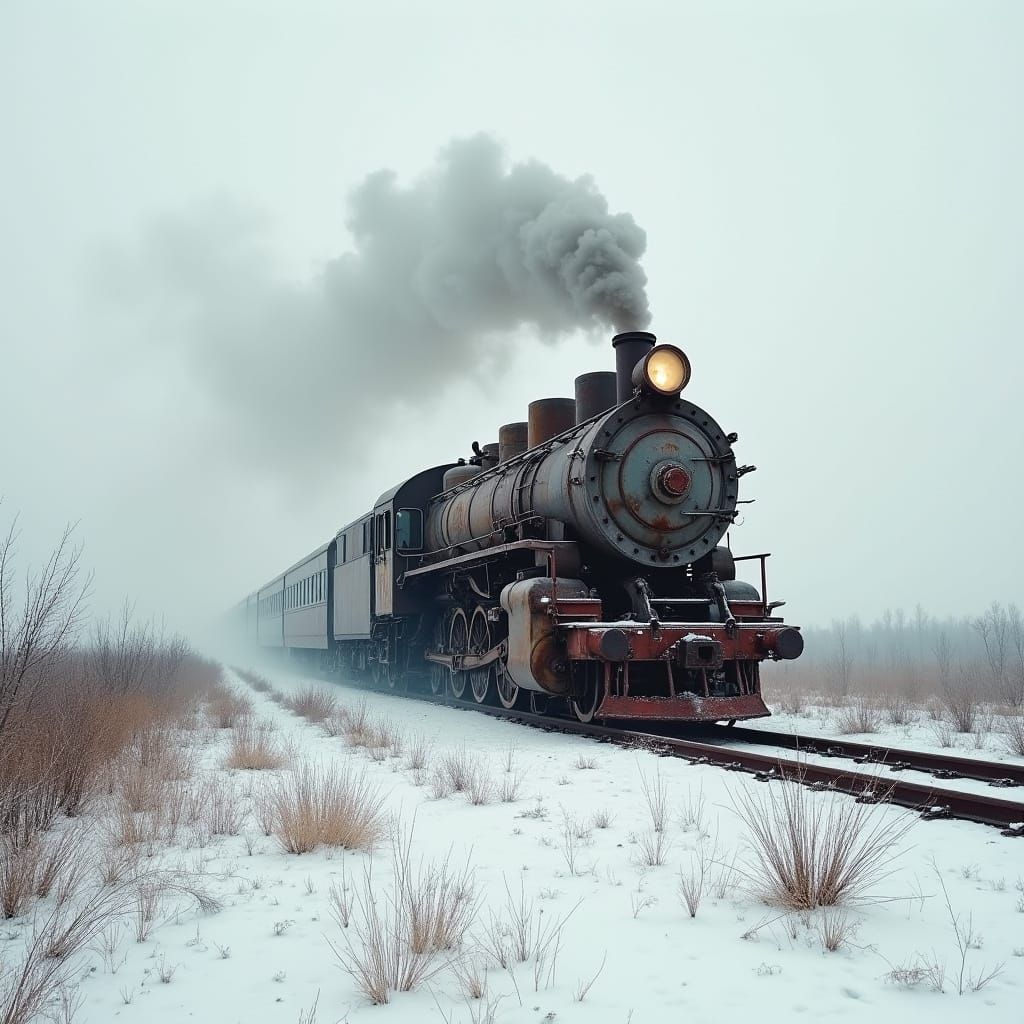 Worn Steam Train in Snowy Siberian Landscape
