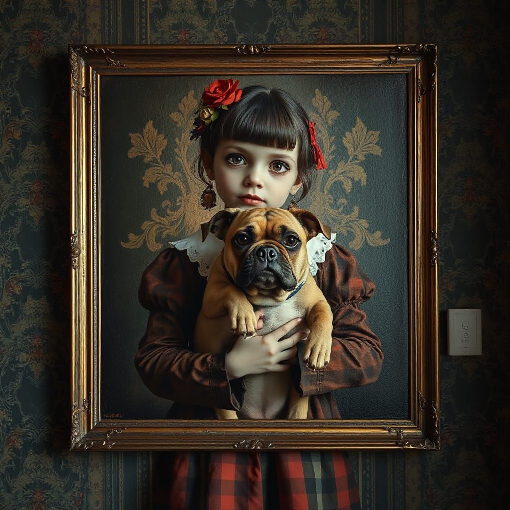 Creepy Girl with Dog Painting in Victorian Gothic Style