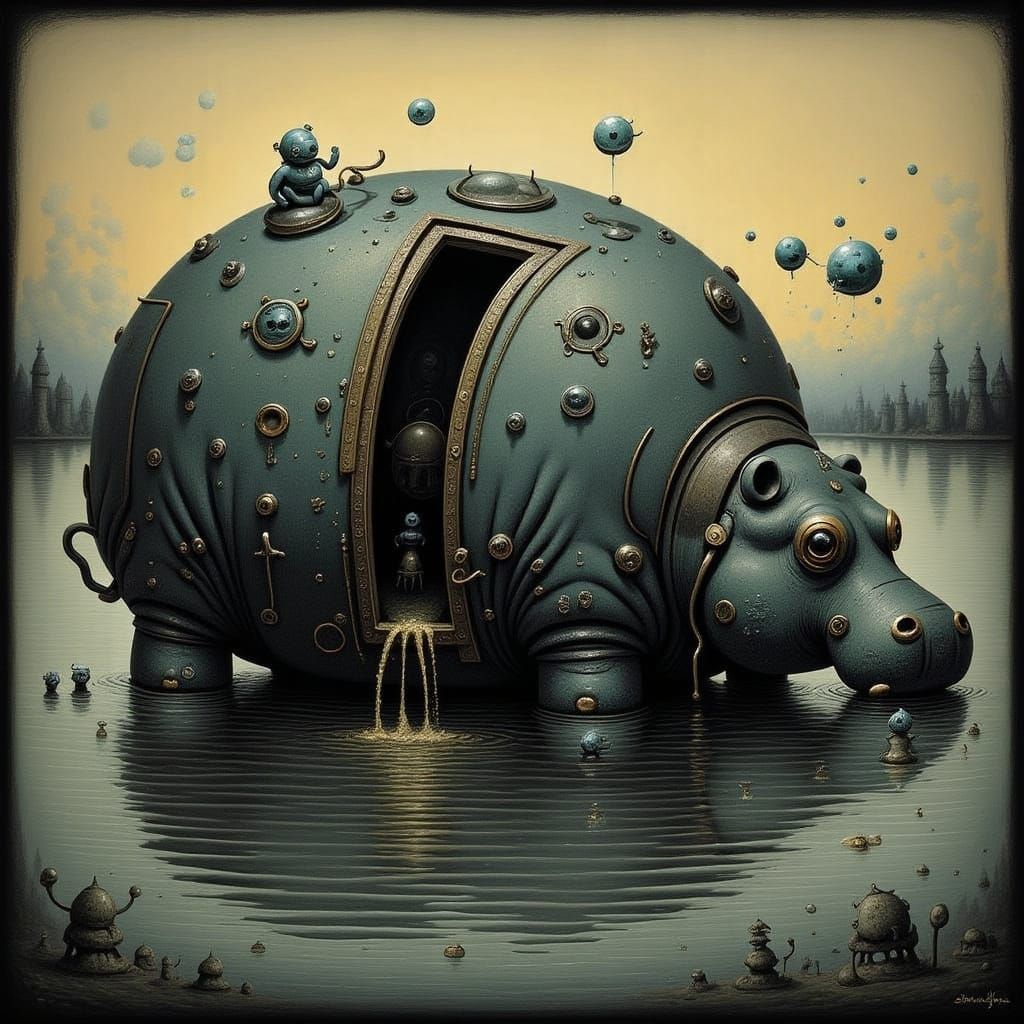 Bizarre Hippo Door Surreal Scene in Cartoon Realism Style