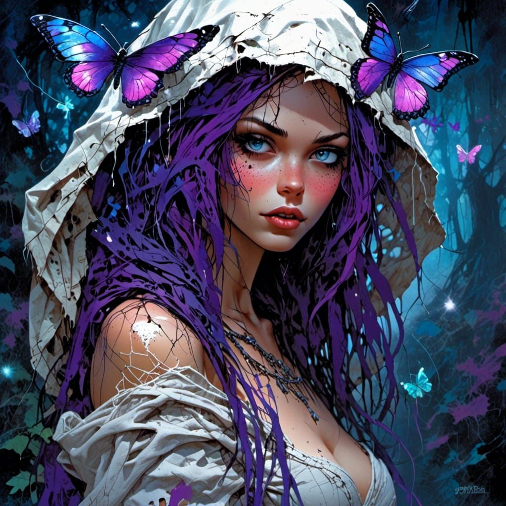 Purple-Haired Woman in Mystical Forest