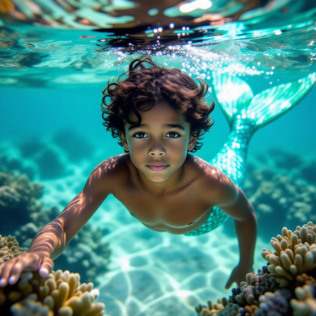 Mermaid Boy Swimming in Coral Reef