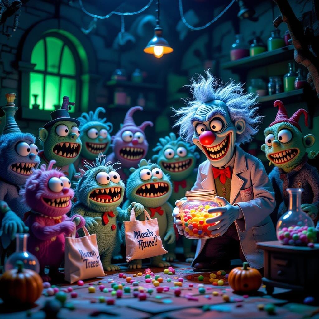 Whimsical Candy Monsters Threaten Mad Scientist for Treats